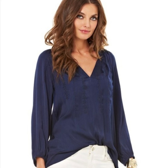 Lilly Pulitzer Hollis Tunic Embroidered Long Sleeve Satin Sateen Peasant Top XL - Picture 1 of 15